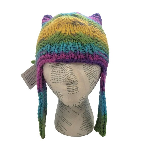 ⭐GIRL'S Handmade Striped Multicolor Knit Beanie Cat Ears Warm Winter Quirky Hat⭐ - Picture 2 of 7